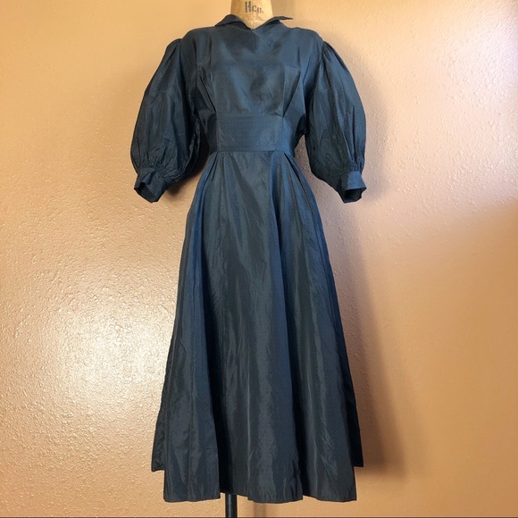 Vintage 40s Black + Green Micro Dot Dramatic Smocked Balloon Sleeve Party Dress - Picture 2 of 9